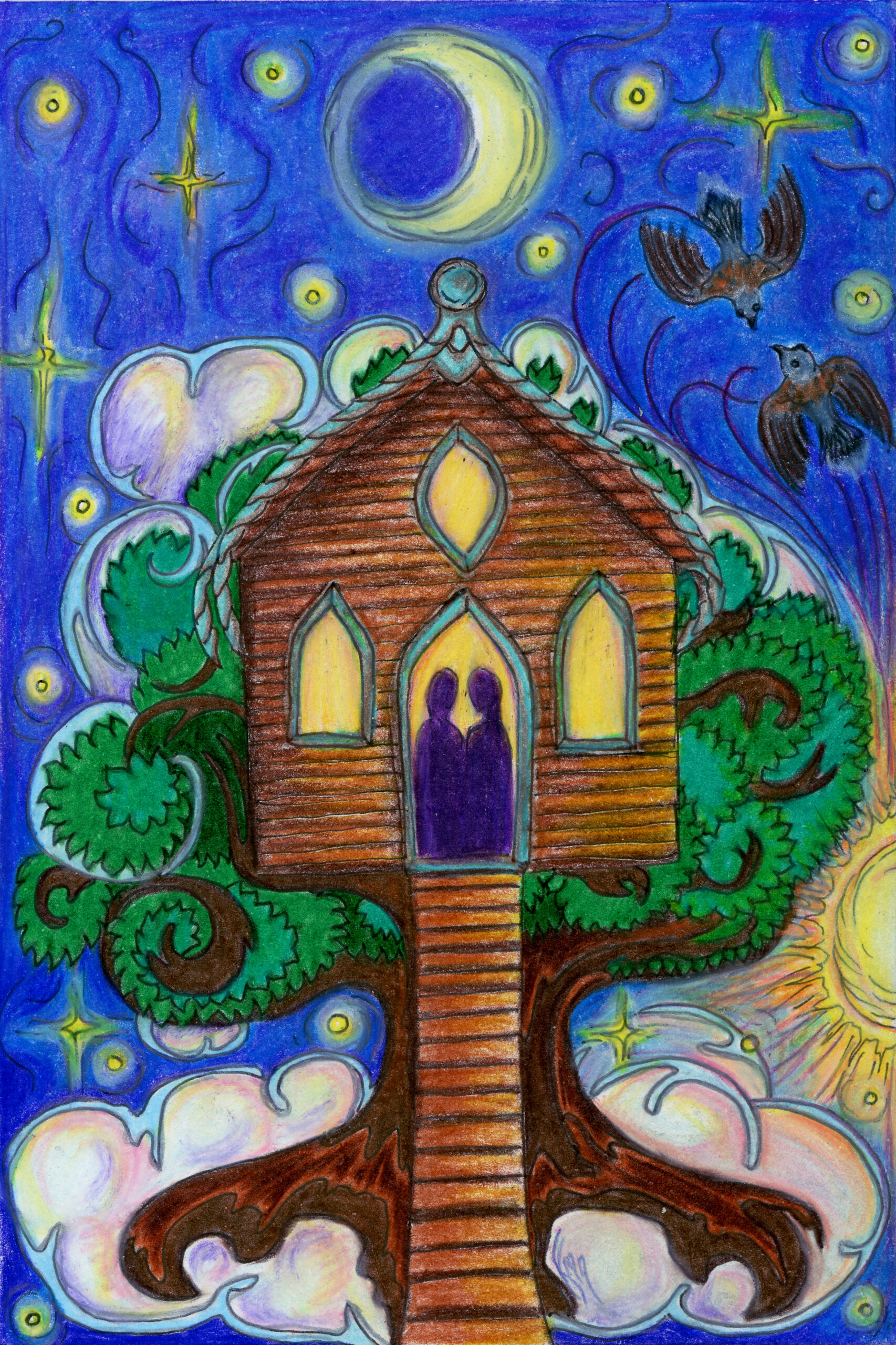 A coloured pencil drawing of a small house nestled in the branches of a tree with curling roots digging into a cloud, as the sun sets and the night sky emerges.  In the doorway of the house are the silhouettes of two people standing close, and in the sky to the viewer's right two swallows fly toward each other between the setting sun and a waxing crescent moon.