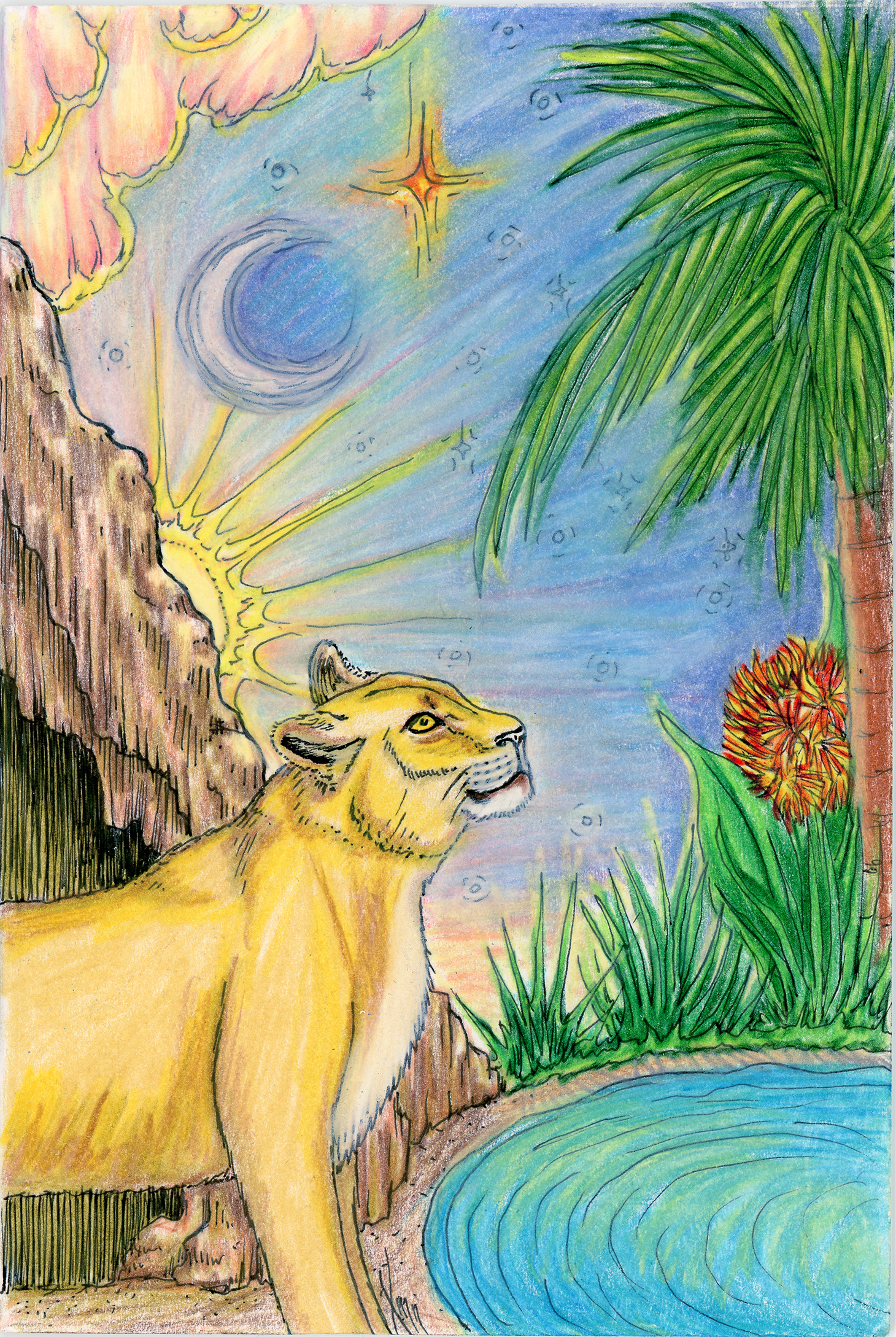 A coloured pencil drawing of a lioness emerging from a cave at sunrise to stand by an oasis, with a clear pool of water at her feet and a palm tree and red and yellow flowers in the background.  She holds her head high, looking up at the changing colours in the sky beneath the morning star of Venus, a waning crescent Moon, and the rapidly rising Sun.