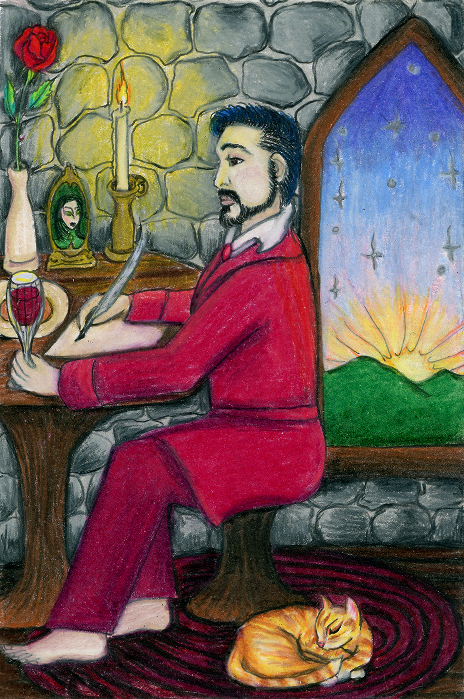 A colourful drawing of a poet in a red smoking jacket seated at a writing desk in a castle, holding a crystal glass of red wine in his left hand and a quill paused in his writing in his right hand.  There is a portrait of a woman in green on the desk flanked by a red rose in a vase to the viewer's left and a candle to the viewer's right, casting a warm glow on the stone wall.  A gothic window to the viewer's right reveals the sun rising from behind green hills, beneath a few silvery stars.  A ginger cat sleeps on a round red rug near the poet's feet.