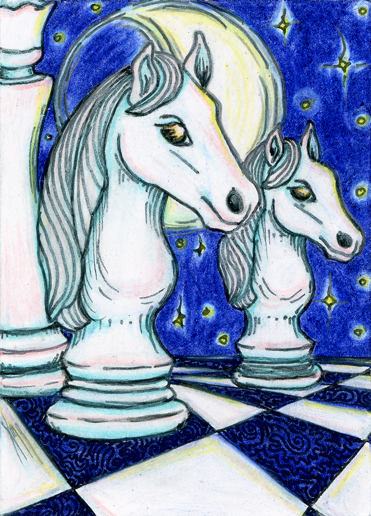 Two white horse head shaped chess pieces on a chessboard, seen from the side with a starry night and waxing crescent Moon in the background, and the Queen piece partly visible on the far left.