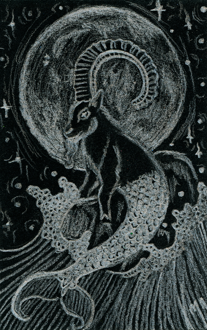 A miniature drawing (2.5" x 3.75") in silvery white coloured pencil on black paper showing the Sumerian god Ea in the form of a goat-fish (symbol of Capricorn) seen in profile facing the viewer's left, with front hooves on a rock emerging from waves splashing plumes of seafoam up into the starry night sky with the full Moon looming large around the goat's curling horns.