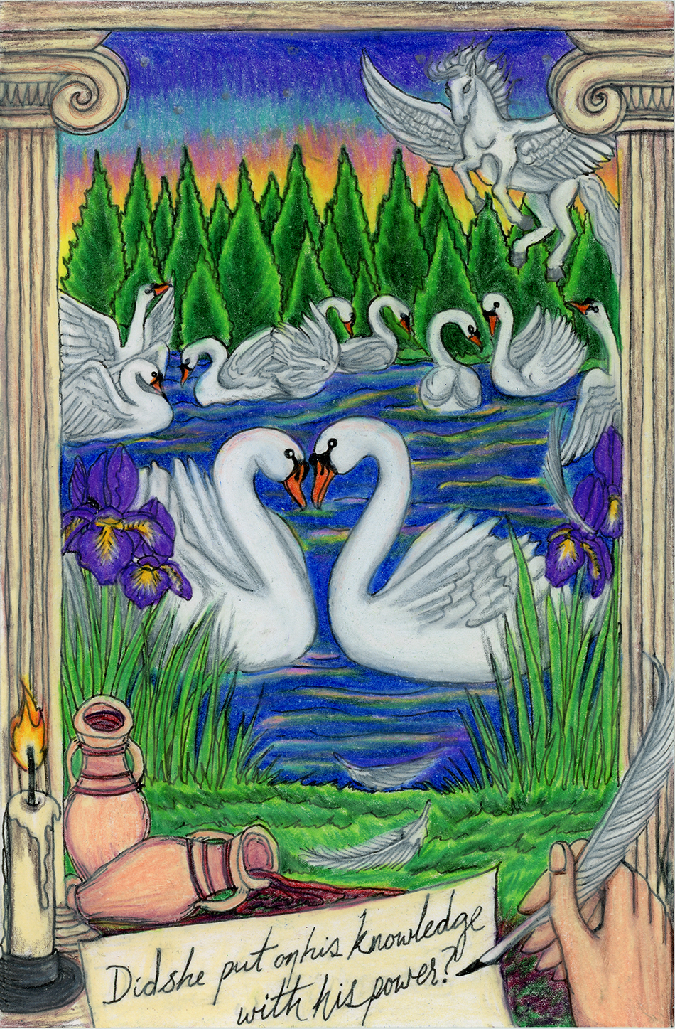 A pair of mated swans face each other while swimming on a lake  just after sunset, with other swans in the distance and an evergreen forest at the horizon.  The viewer is in the position of a writer holding a quill pen and writing the line "Did she put on his knowledge with his power?"  The writer is seated between two Ionic columns.  Purple irises bloom on the shore, with a Greek wine jug standing in front of them and another similar jug tipped over, spilling wine to stain the grass and stones at the writer's feet.  Pegasus is flying in the upper right corner of the image, appearing as if about to join the swans at the farther side of the lake.
