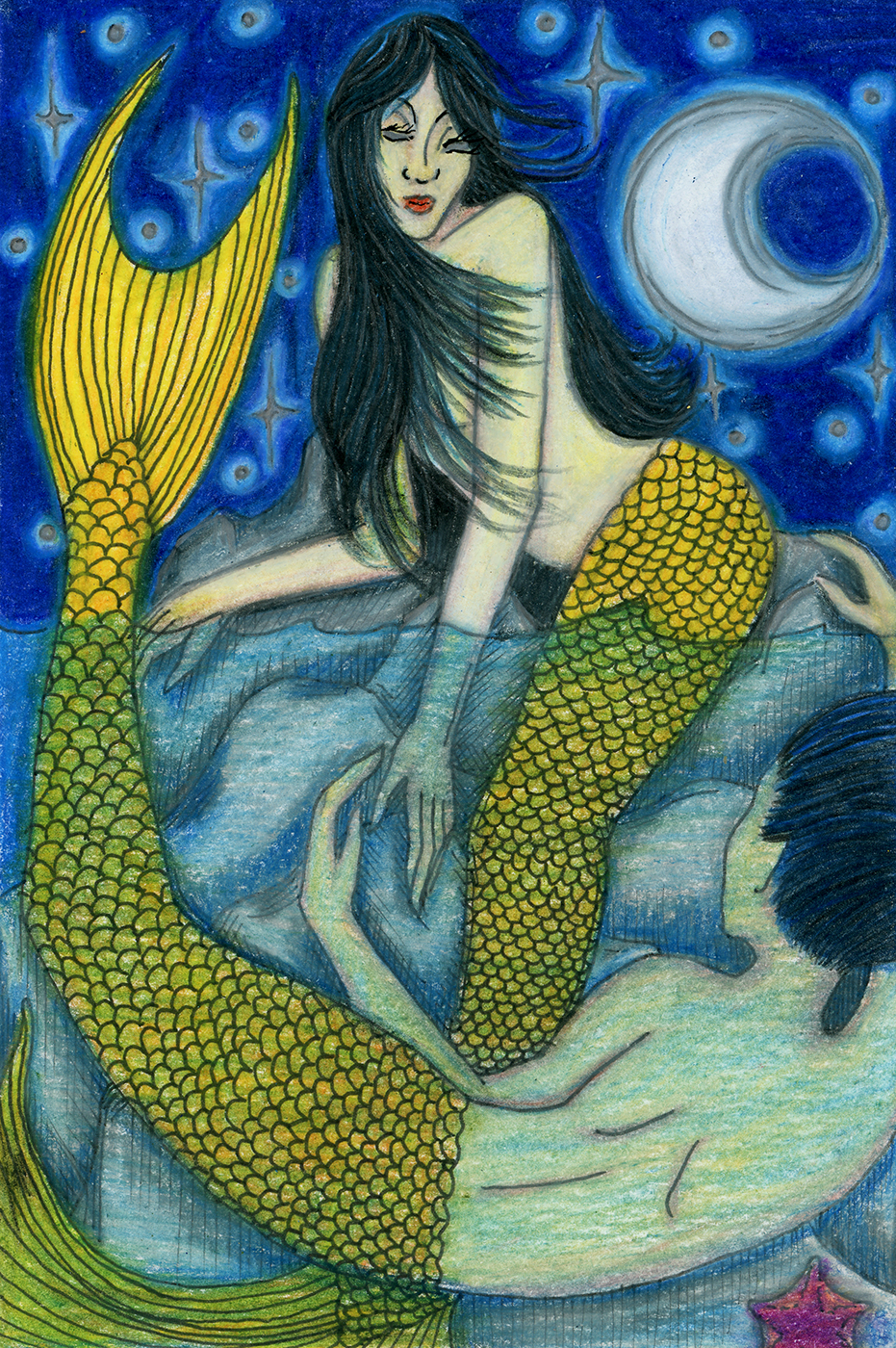 A colourful drawing of a pair of merfolk with golden scales.  The female of the pair is seated on a large rock beneath the waning crescent Moon and stars, looking down into the water at the male of the pair, who has just jumped into the water and is curled down at the bottom of the picture, about to climb up onto the rock.  Their hands are near each other on the rock, but not touching.