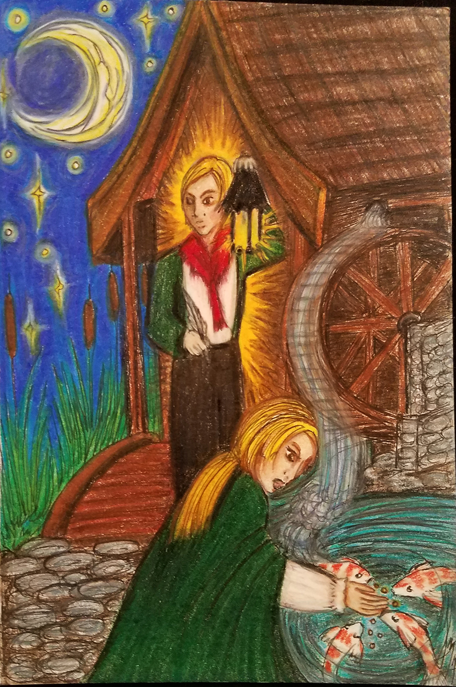 A night scene with a blonde pair of fraternal twins appearing to be in their mid-20s in front of a small unpainted wooden cottage with a pond and water wheel to the viewer's right.  The brother holds a lantern in his left hand and a quill in his right, while his sister kneels down to feed white and orange koi fish in the pond.  A waxing crescent Moon and stars shine above cattails to the viewer's left.