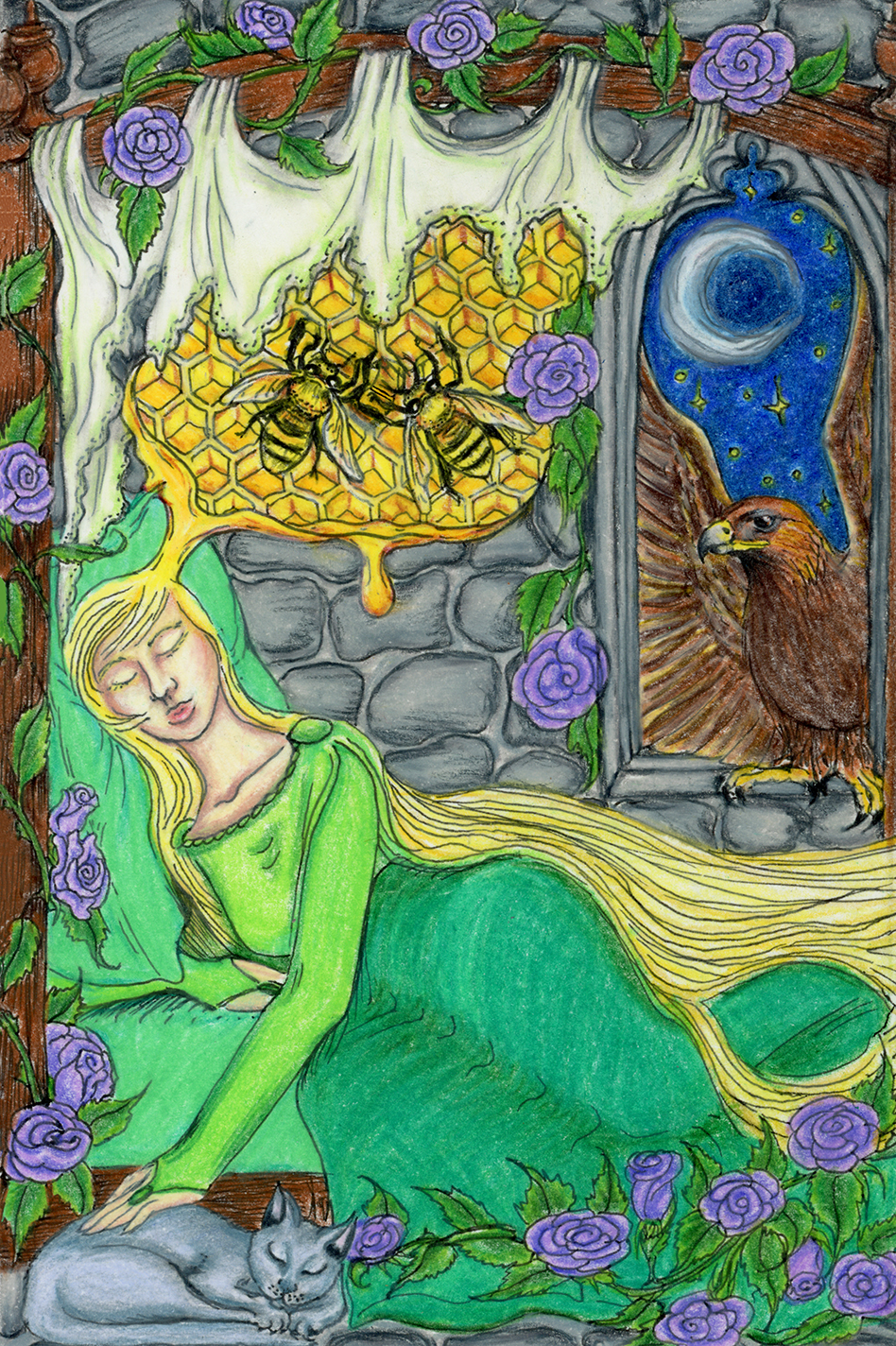 A woman in a green dress sleeps on a green bed in a grey stone castle room, her long blonde hair draped down to her feet.  There are the remnants of a lace canopy overhead, with lavender roses climbing all along the wooden frame and along the floor where a Russian blue cat sleeps.  The dreaming woman's hand gently caresses the cat.  Above her head is her dream of a great honeycomb with two honey bees and a golden drop of honey threatening to come down upon the sleeper.  In the gothic arched window a golden eagle has landed with wings still raised and gazes upon the sleeping woman.  Between the eagle's wings can be seen a starry midnight sky and the waning crescent Moon.